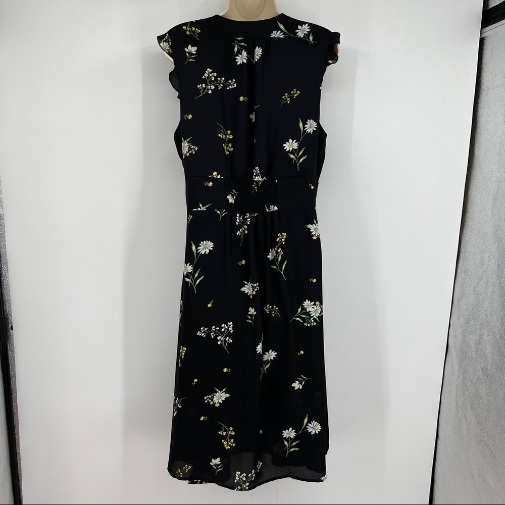 Socialite Floral Black Surplice Wrap Front Ruffle Cap Sleeve Banded Waist Dress - Picture 8 of 13